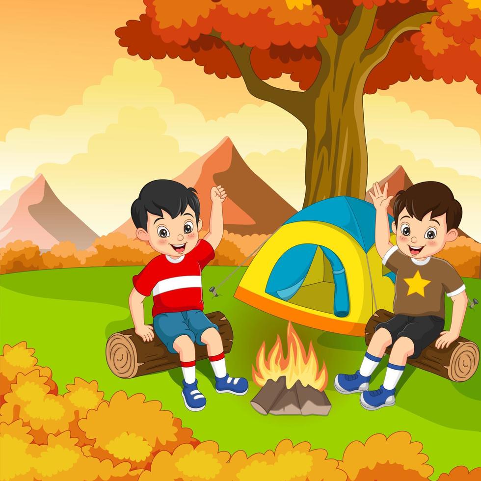 Cartoon Kinder Camping mit Lagerfeuer und Zelt vektor