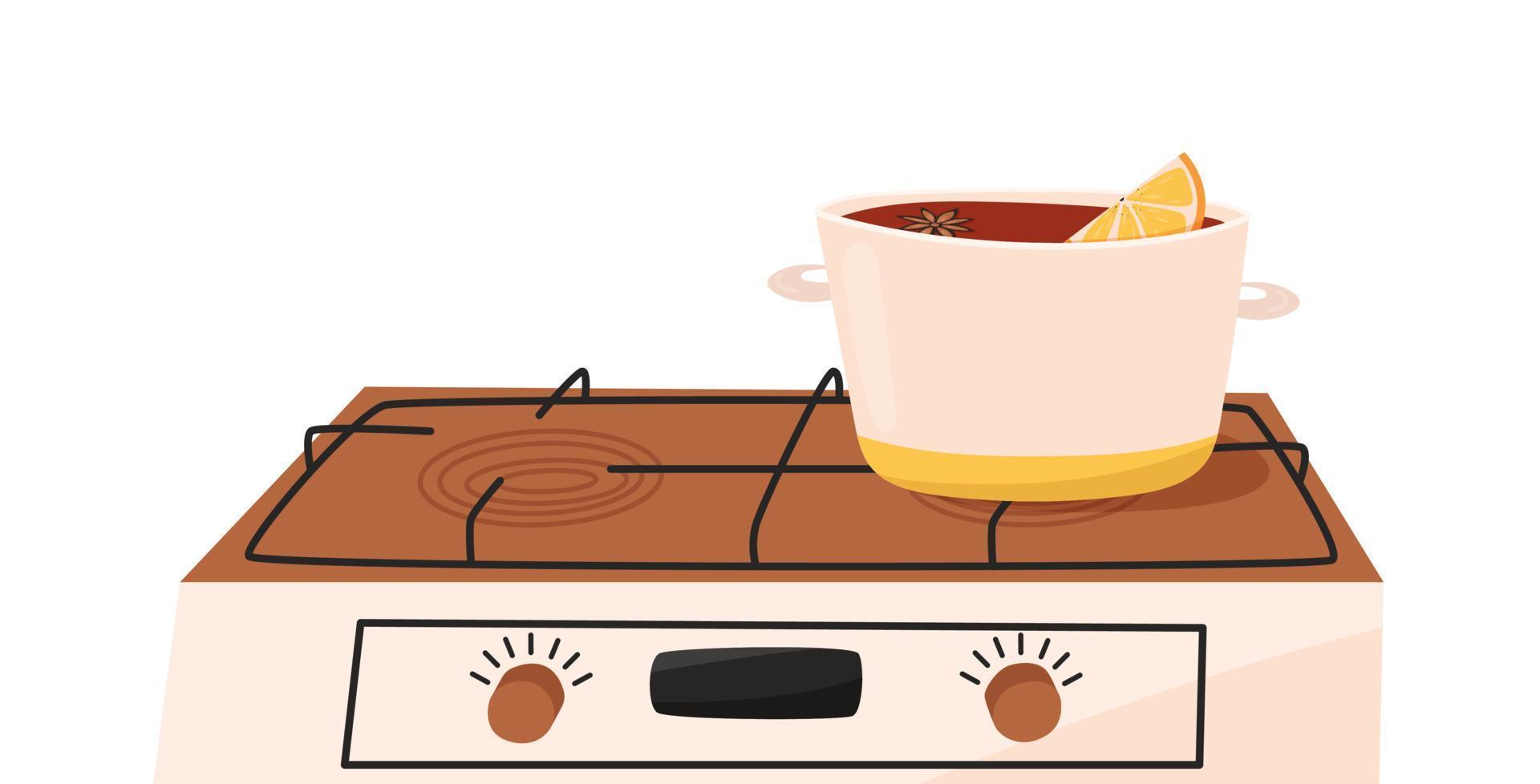 Kochtopf mit Glühwein auf einem Elektroherd, isoliert auf weiss. Haushaltsgeräte für die Küche, Vektorillustration. vektor