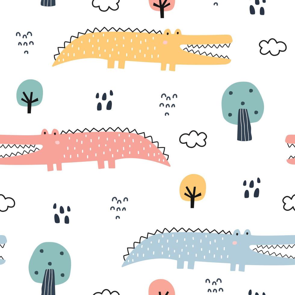 Nahtloser Musterkarikaturhintergrund mit Krokodil und Bäumen handgezeichnetes Design im Kinderstil, Verwendung für Druck, Tapete, Stoff, Textil. Vektor-Illustration vektor