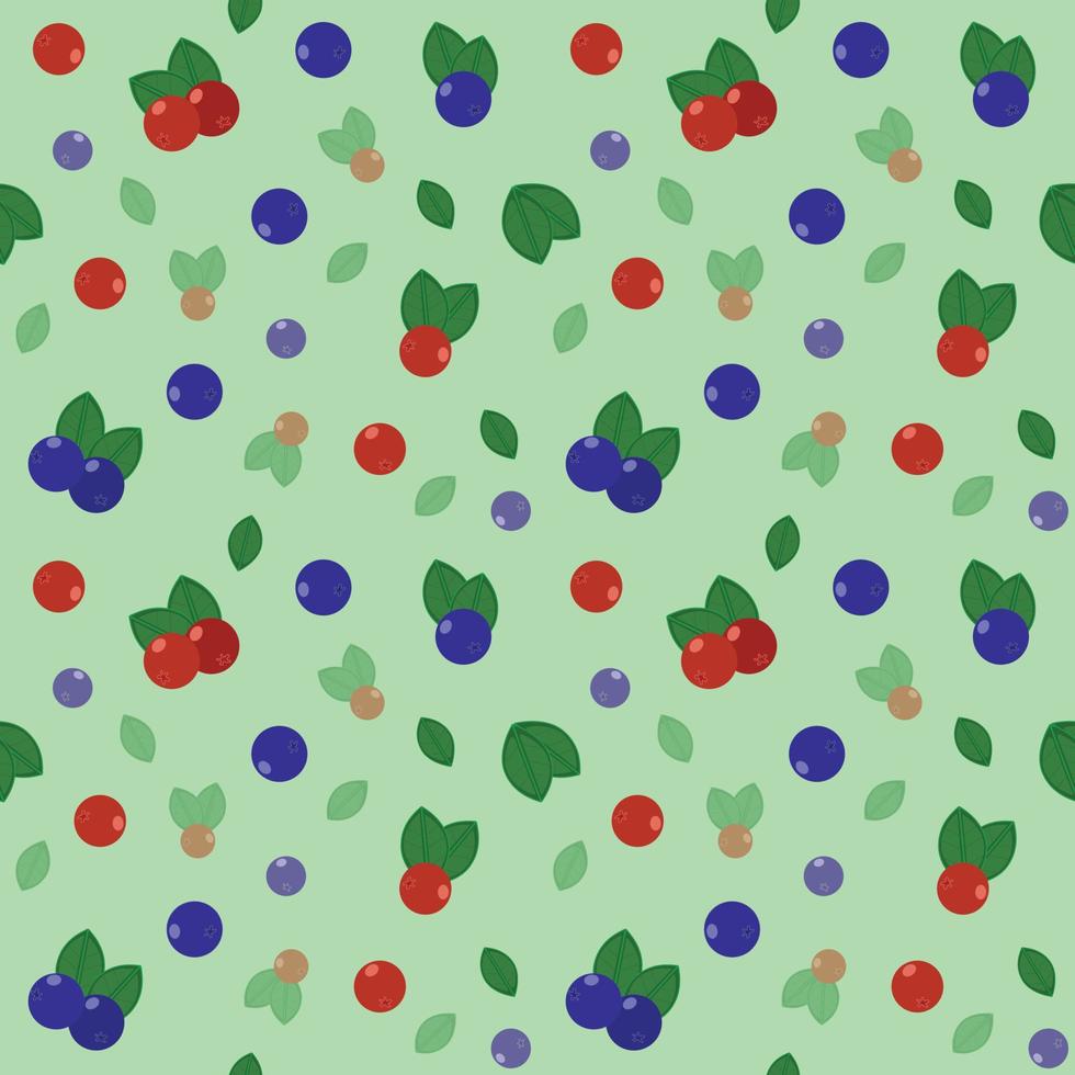 sömlösa vektormönster med röda och blå bär med löv på pastellgrön bakgrund. vektor