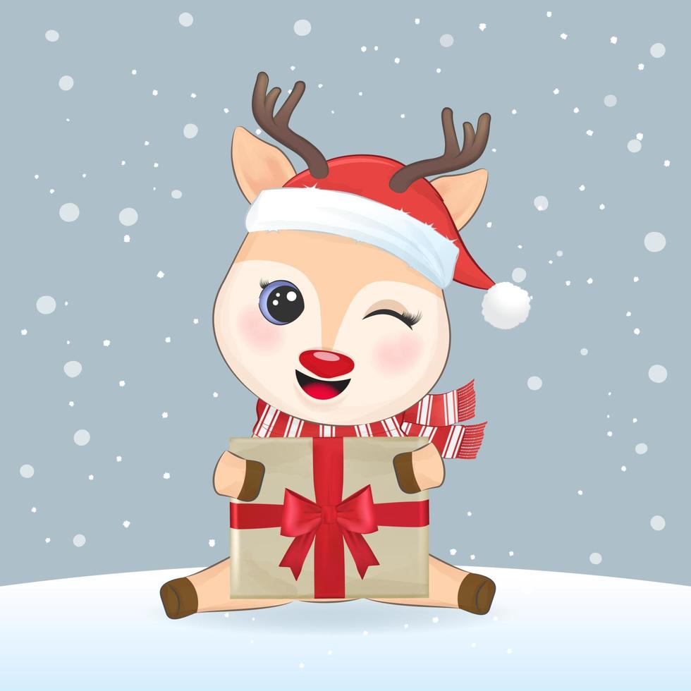 söta små rådjur och presentförpackning på vintern. julsäsong illustration. vektor