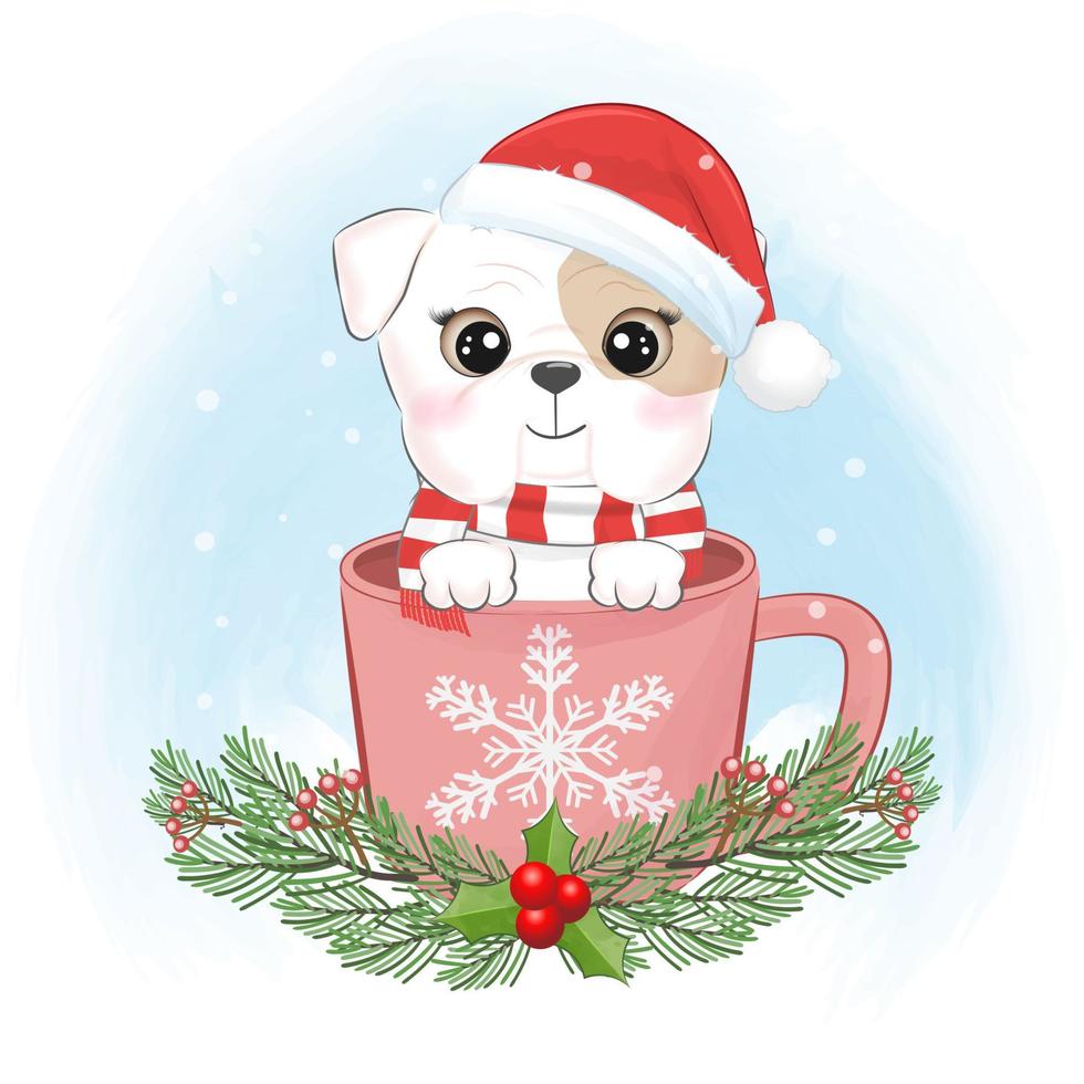 süßer kleiner Hund in der Kaffeetasse. Weihnachtszeit Abbildung vektor