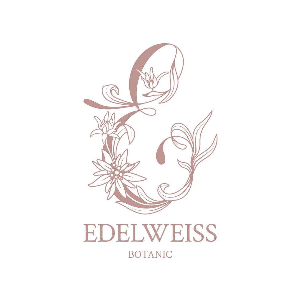 edelweiss. blommig logotyp med elegant bokstav e. ritat emblem för blomsteraffärer eller studior, bröllopsflorister, varumärke, restaurang, boutique, hotell. vektor stock illustration på en vit bakgrund.
