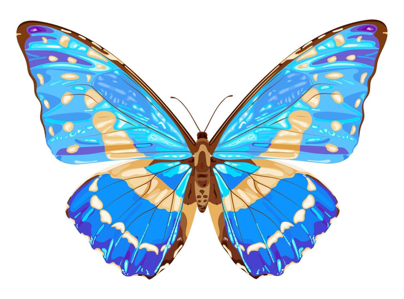 blauer Schmetterling. tropisches Insekt. neon Farben. Lagervektorillustration lokalisiert auf weißem Hintergrund. vektor