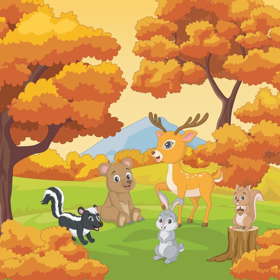 tecknade glada djur med höst skog bakgrund vektor