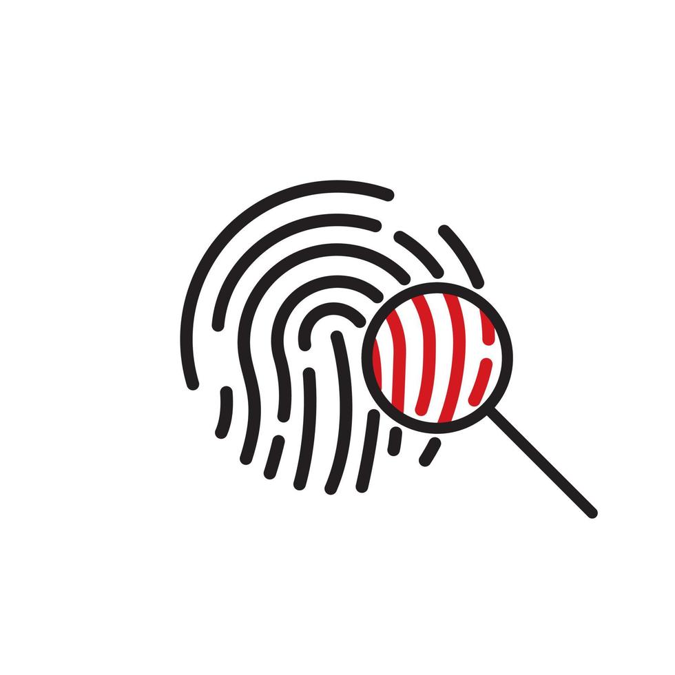 Fingerabdrucksymbol suchen. Lupe-Identifikationssymbol. Fingerabdruck durch Lupe. Kriminalitätspiktogramm, Personensuche, biometrische Identifizierung. Vektor-Illustration vektor