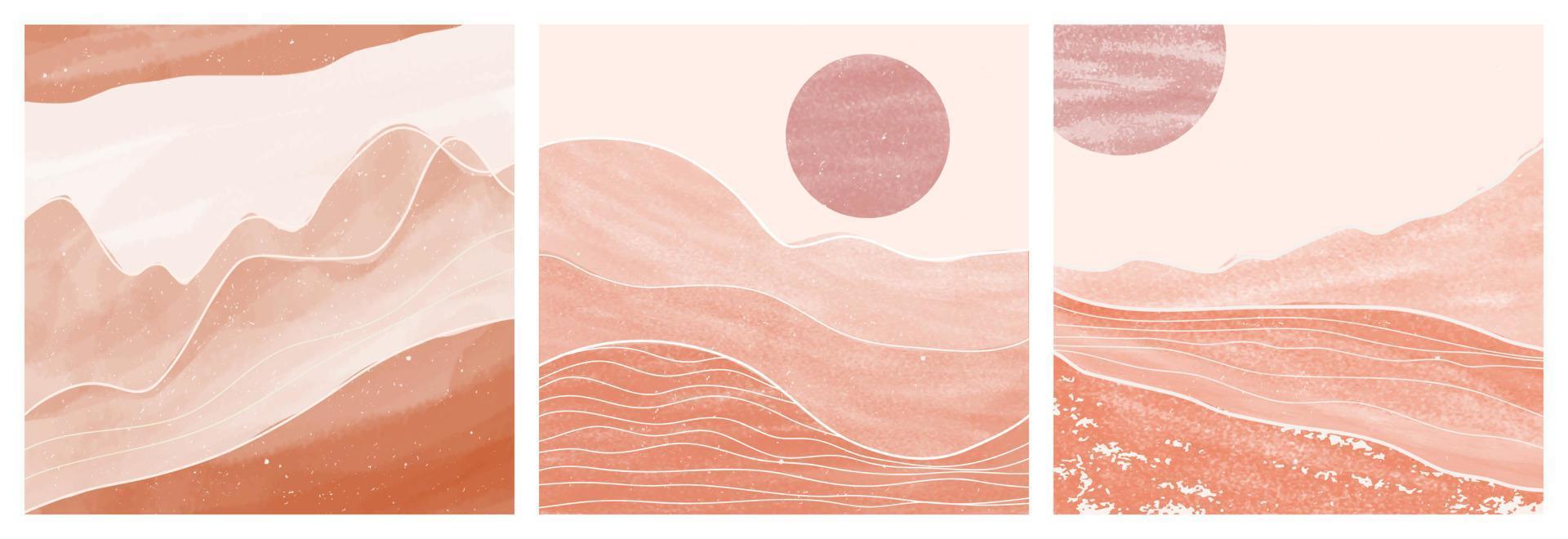 mitten av århundradet modernt minimalistisk konsttryck. abstrakta samtida estetiska bakgrunder landskap med sol, måne, hav, berg. vektor illustrationer