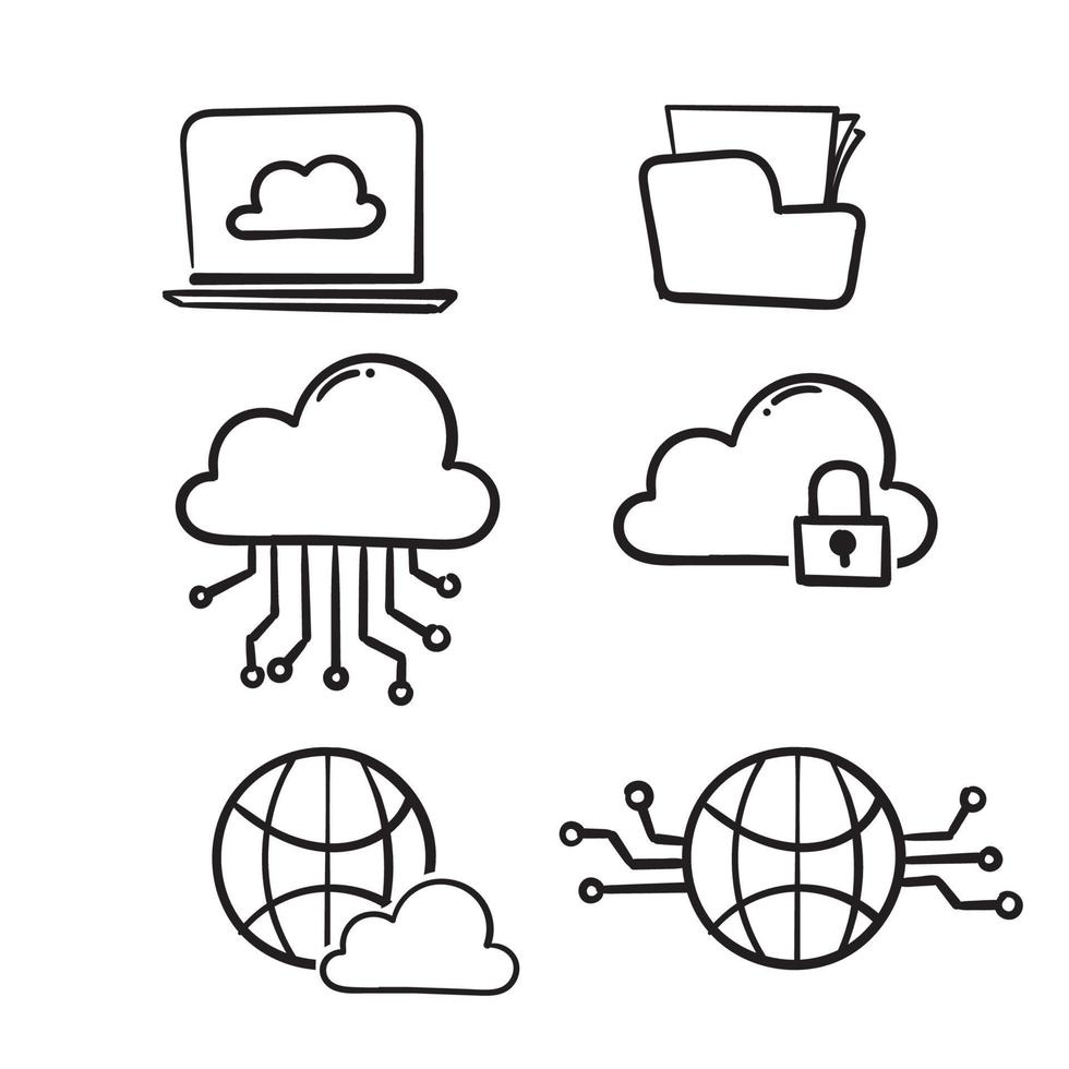 handritad doodle cloud computing. internetteknik. online tjänster. data, informationssäkerhet. förbindelse. isolerade ikon vektor