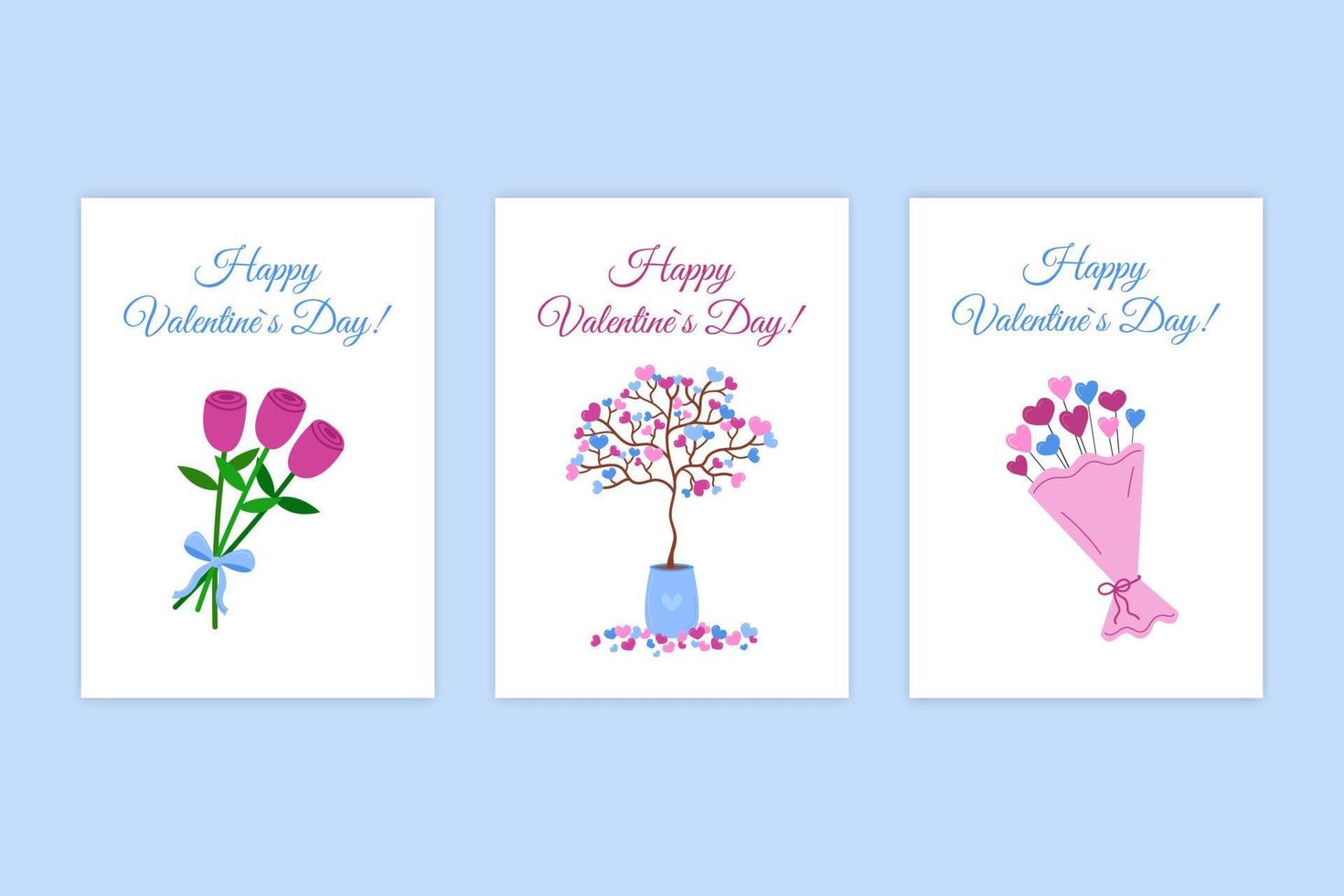 alla hjärtans dag romantiska gratulationskort. vektor uppsättning semester vykort. söt bukett blommor och kärleksträd med hjärtan. alla hjärtans dag samling