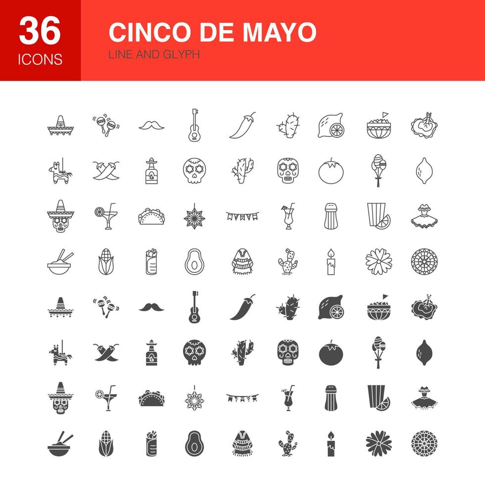 cinco de mayo linje webb glyf ikoner vektor