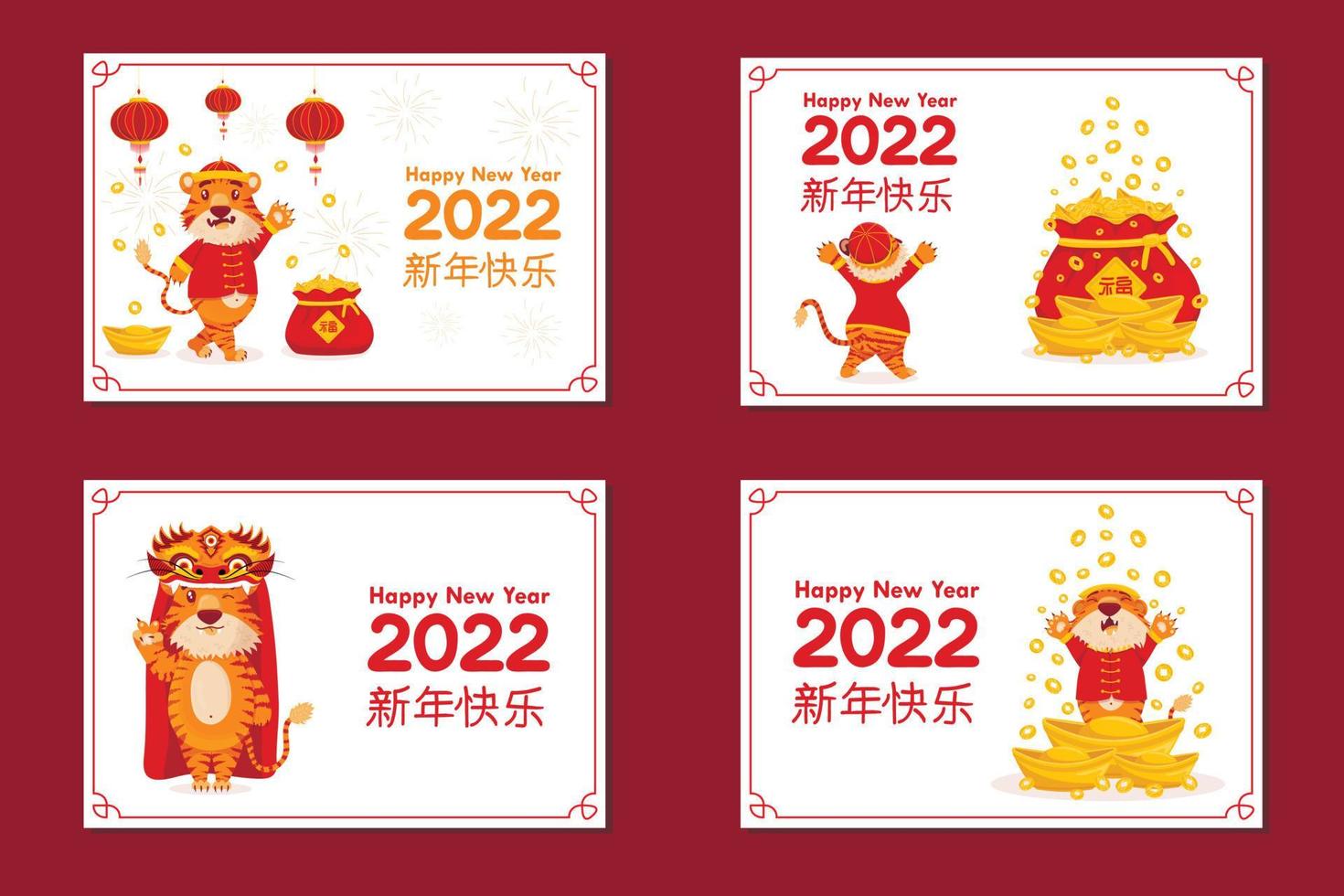Sammlung von Grußkarten mit einem süßen Tiger im Nationalkostüm des chinesischen Neujahrs. chinesische inschrift frohes neues jahr 2022 vektor