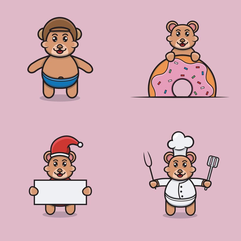 Set süßer Babybärenfigur mit verschiedenen Posen. Helm tragen, auf Donuts, Weihnachten und Koch. vektor