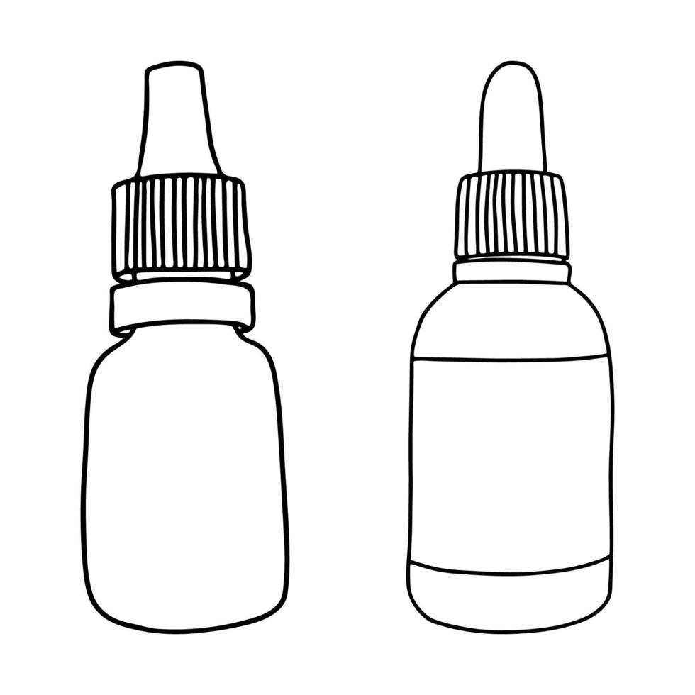 eine Tropfenflasche im Doodle-Stil. Set aus einer kleinen Flasche mit Deckel. Schwarz-Weiß-Illustration. Monochrom. Hygiene- und Gesundheitsprodukte. Vektorillustration vektor