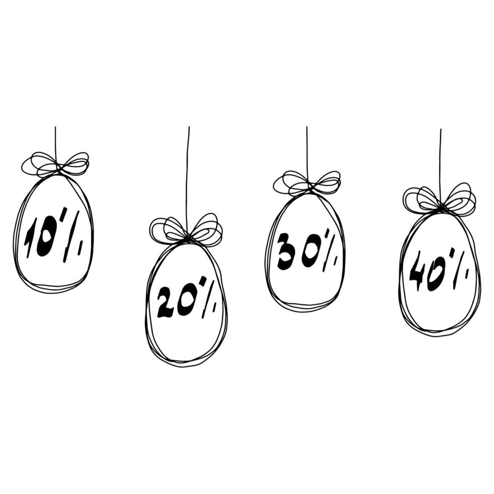 Ostern-Doodle-Eier. Eier hängen an einer Schnur. Rabatte. Ostern-Verkauf. Schwarz-Weiß-Banner für den Feiertag der hellen Ostern. Vektorillustration vektor