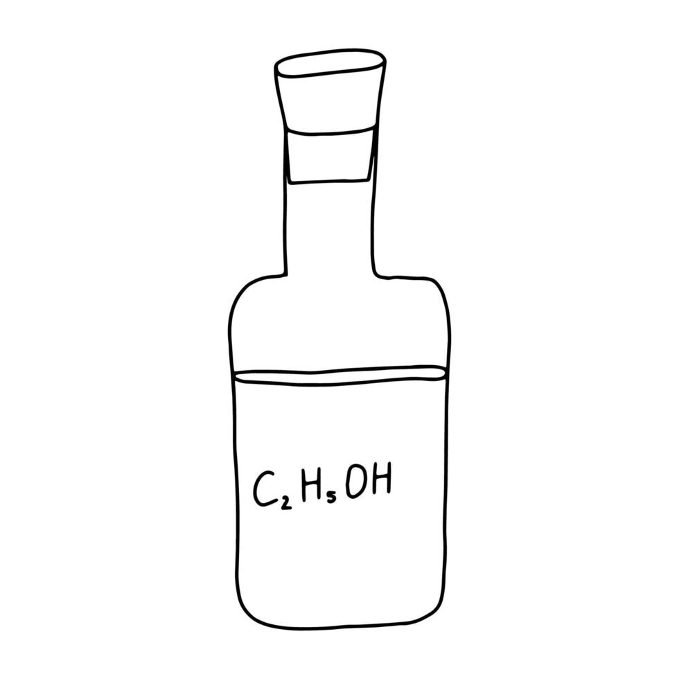 eine Flasche mit einem Korken mit einer Alkoholformel, die im Doodle-Stil gezeichnet wurde. Schwarz-Weiß-Bild isoliert auf weißem Hintergrund. Antiseptikum für Viren und Bakterien. Alkohol. Vektorillustration vektor