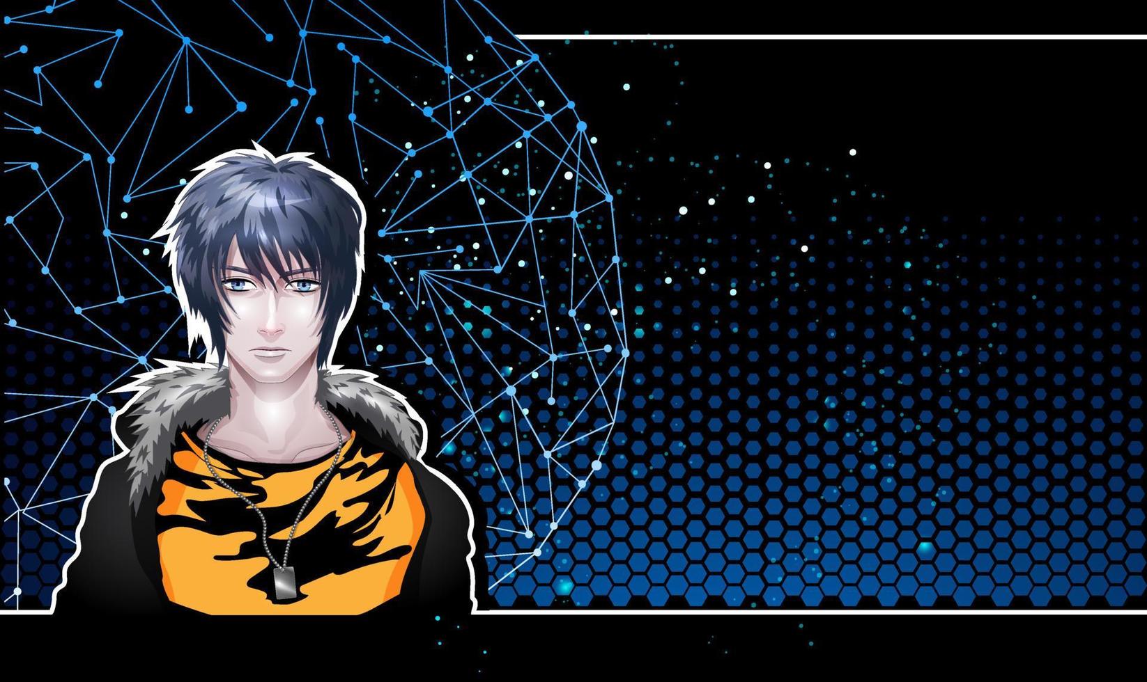 Hintergrund mit einem jungen Mann mit blauen Augen im Manga- und Anime-Stil. vektor