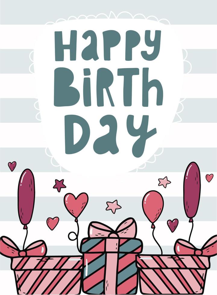 kreativa handbokstäver citat "grattis på födelsedagen" dekorerad med ritade presenter med ballonger för kort, tryck, affischer, inbjudningar, banderoller, etc. eps 10 vektor