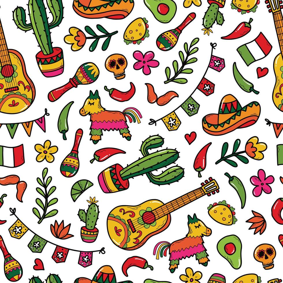 cinco de mayo sömlösa mönster med mexikanska handritade doodles för omslagspapper, utskrifter, kort, bakgrunder, scrapbooking, stationära, tapeter, etc. eps 10 vektor