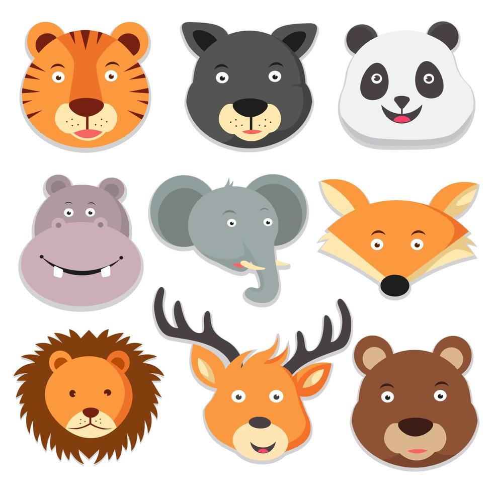 Tierwelt Tiere Cartoon Icons Set von Tiger Bär Panda Nilpferd Elefant Fuchs Löwe Hirsch Vektor-Illustration vektor