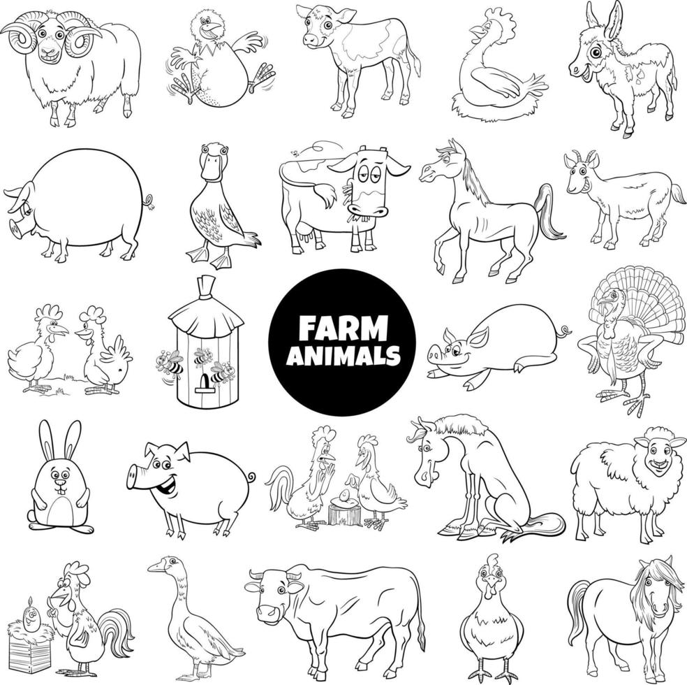 Cartoon Farm Animal Charaktere Set Malbuch Seite vektor