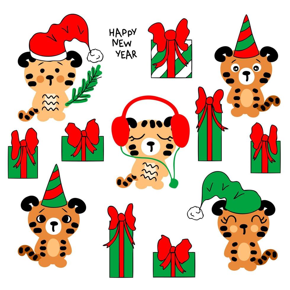 chinesische tigerbabysammlung des neuen jahres. Set mit fünf süßen Tigris-Kindern, Weihnachtsmann-Mützen und Geschenken. vektor