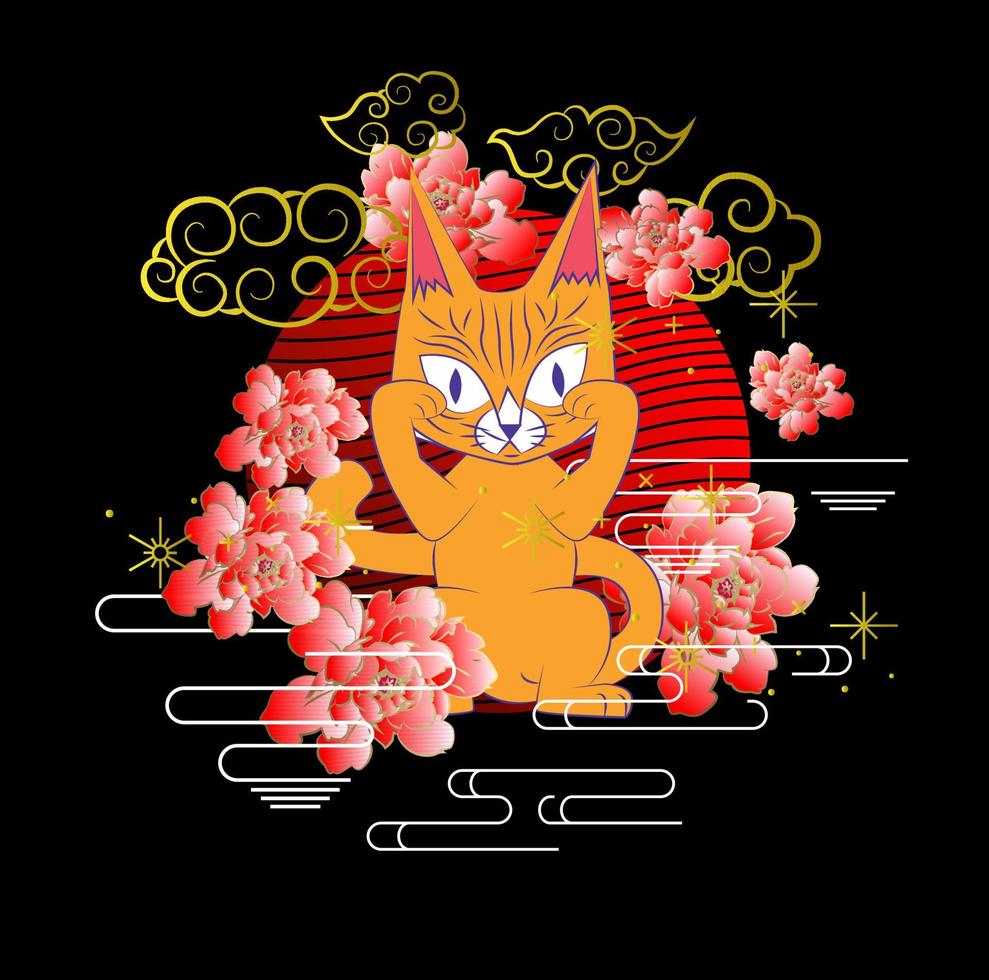 Katzenillustrationsdesign für Sukajan ist mittleres japanisches traditionelles Tuch oder T-Shirt mit digitaler handgezeichneter Stickerei Frauen-T-Shirts Sommer lässiges Kurzarm-Hip-Hop-T-Shirt Streetwear vektor