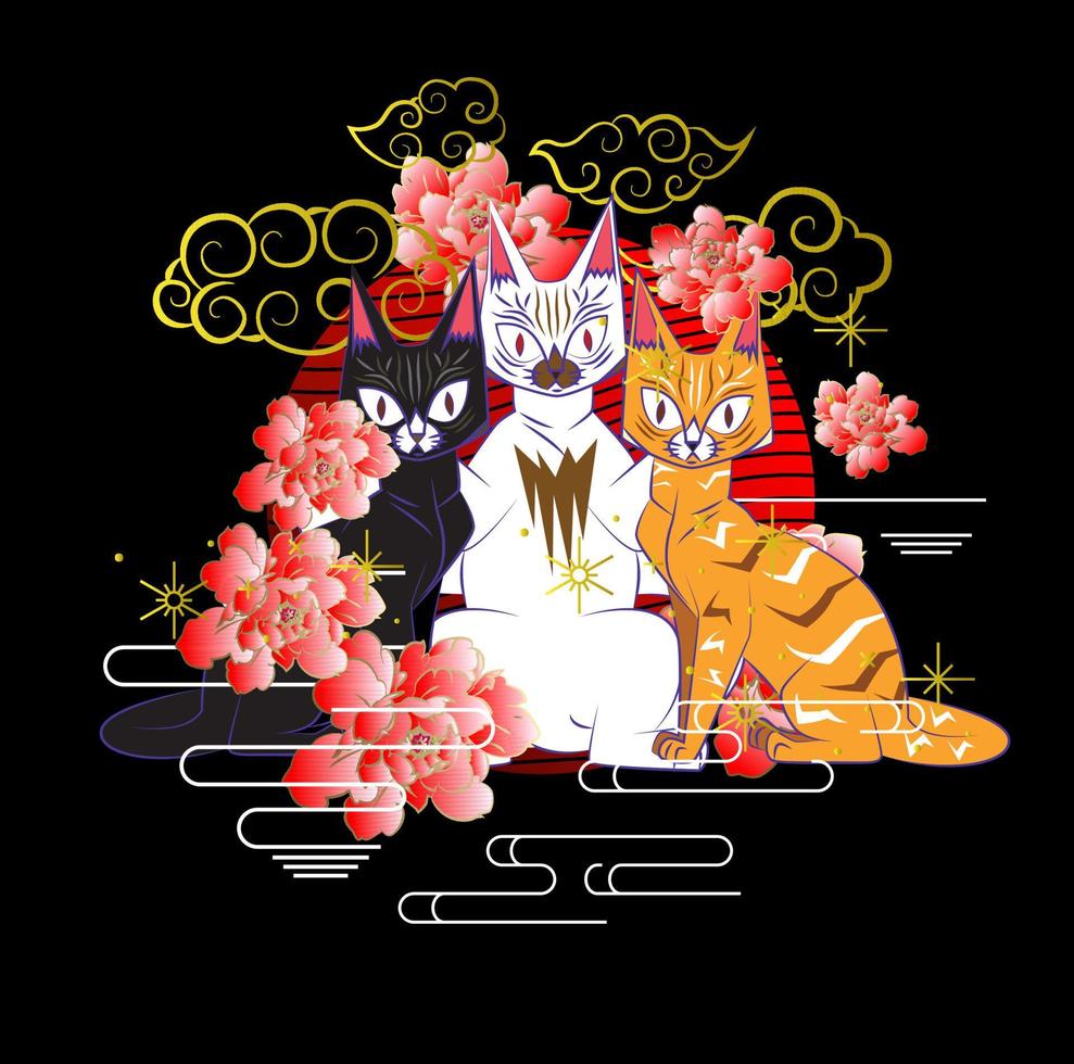 Katzenillustrationsdesign für Sukajan ist mittleres japanisches traditionelles Tuch oder T-Shirt mit digitaler handgezeichneter Stickerei Frauen-T-Shirts Sommer lässiges Kurzarm-Hip-Hop-T-Shirt Streetwear vektor