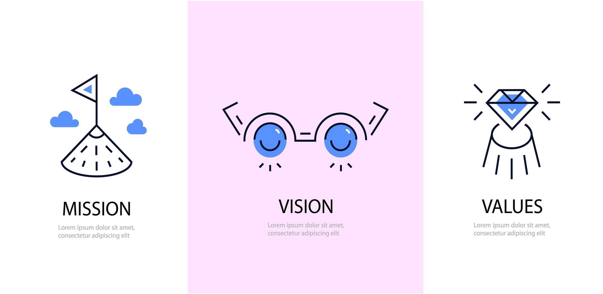 Vektor-Set von Symbolen für die Unternehmenskultur. Logos. Mission. Vision. Werte. Webseitenvorlage. lineares Konzept mit Hügel und Flagge, Brille, Diamant vektor