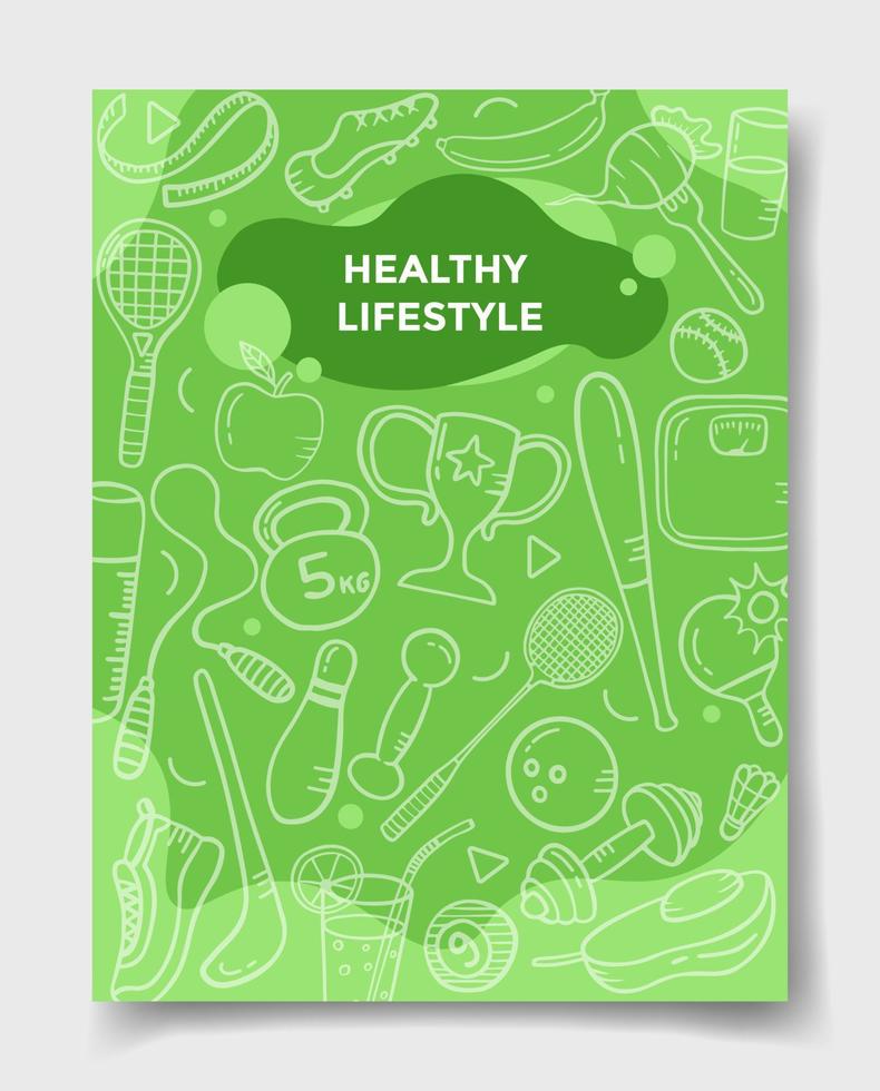 hälsosam livsstilskoncept med doodle stil för mall av banderoller, flygblad, böcker och tidningsomslag vektor