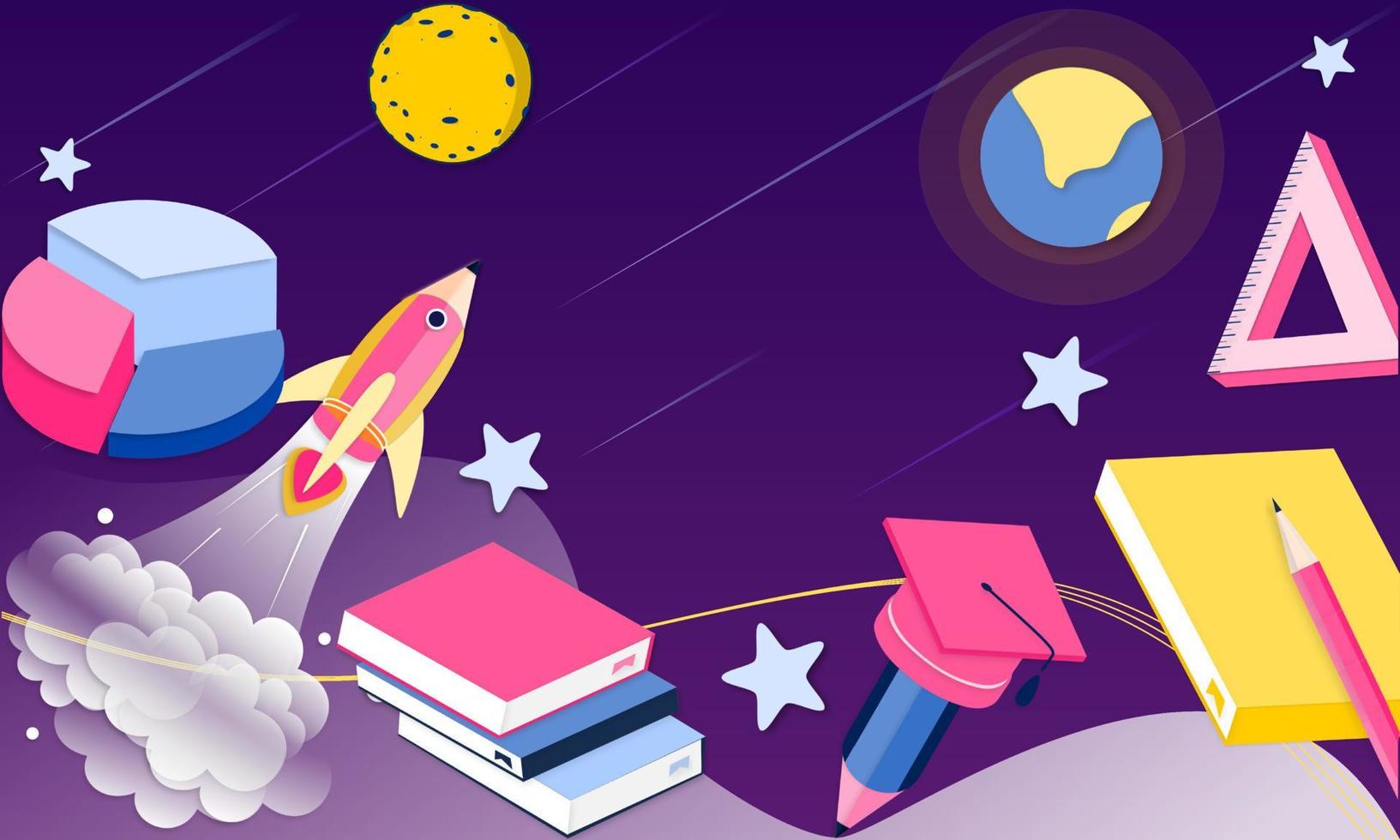 3D-Landing-Page-Design-Vorlage für den Schulanfang, Kurs, Klasse, Bildung in der Fantasie des Galaxienraums. modernes Vektorgrafikkonzept für Poster, Banner, Werbung, Verkaufswebsite und mobile App. vektor