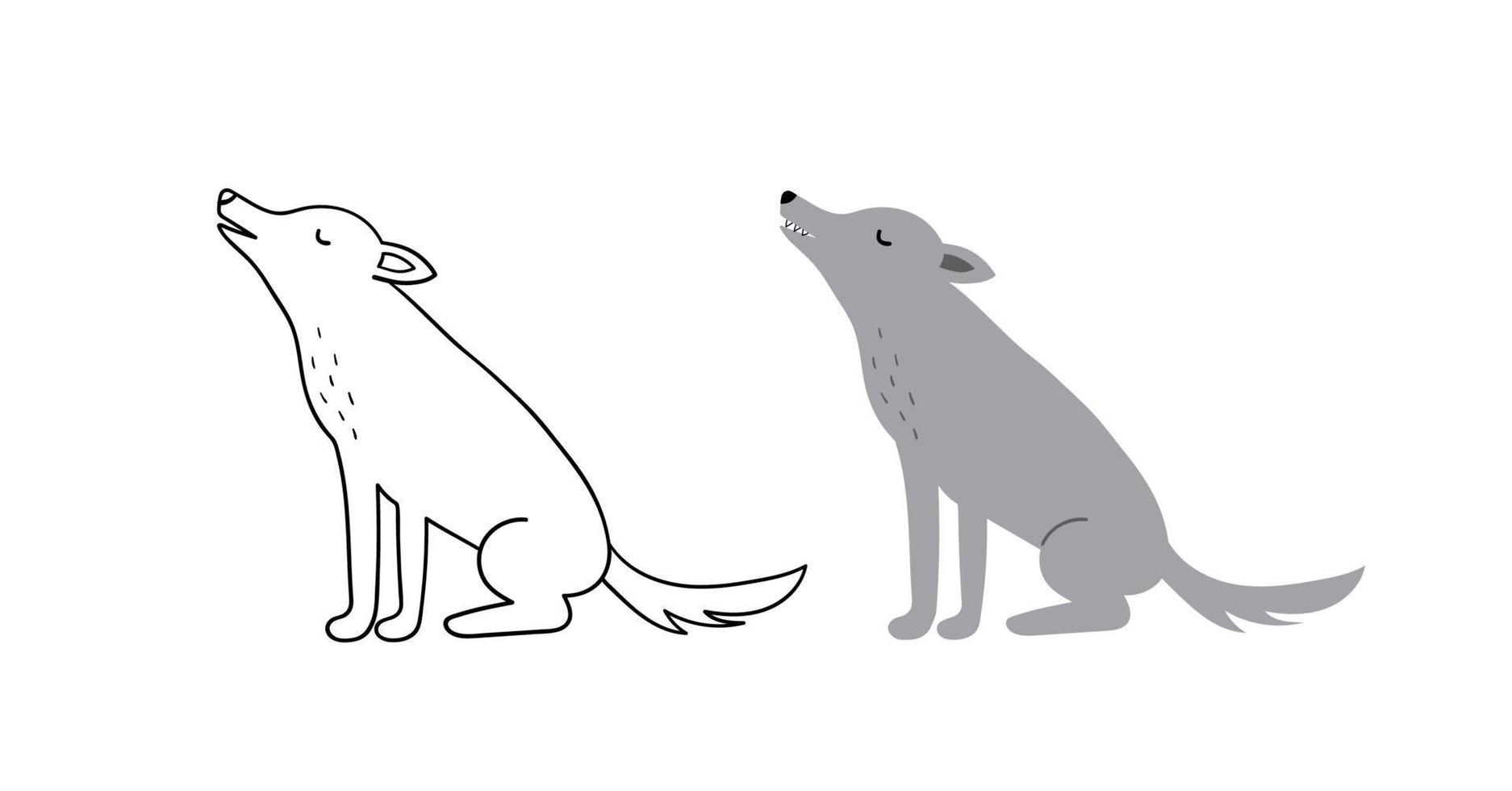 handgezeichneter Wolf. Vektor-Illustration. Kontur- und Farbversion. vektor