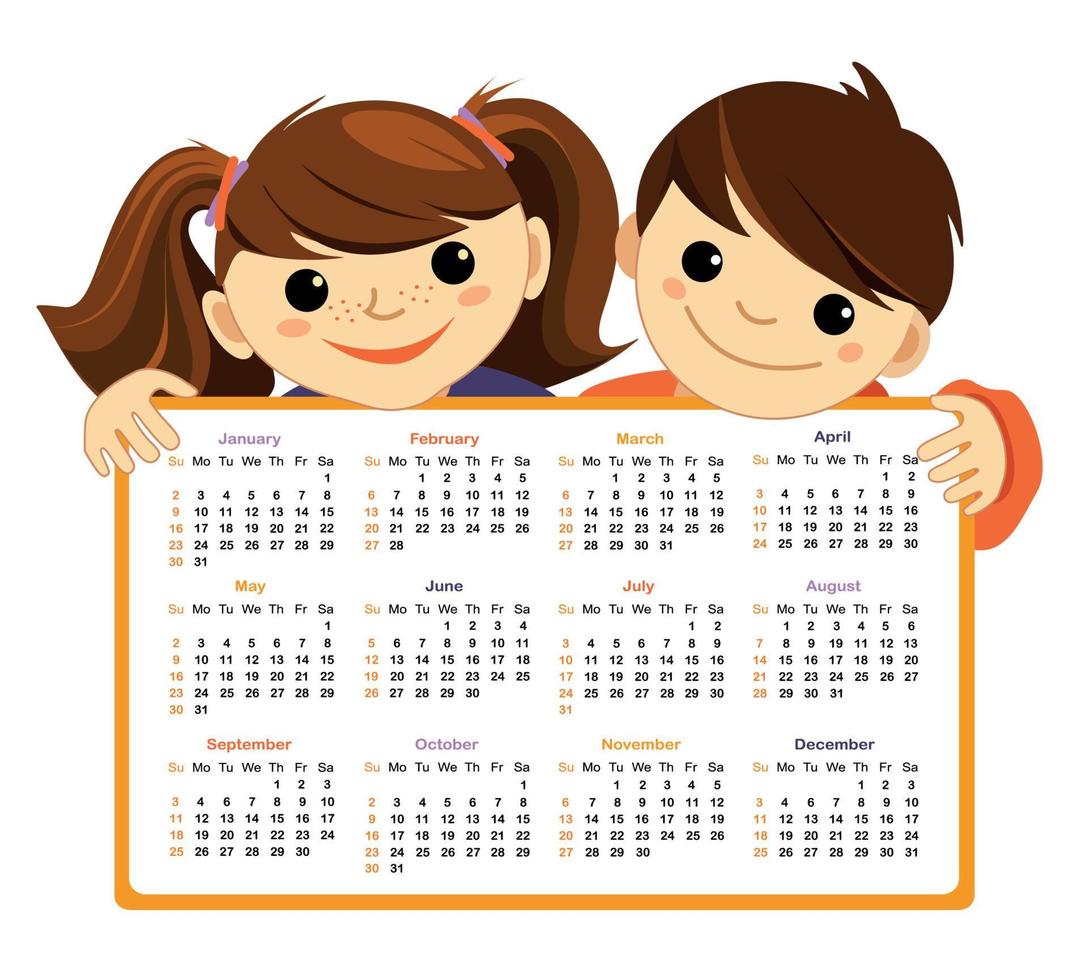 Kalender für 2022 isoliert auf weißem Hintergrund. Sonntag bis Montag. Vektorfigur, Kinderfiguren Jungen und Mädchen. vektor