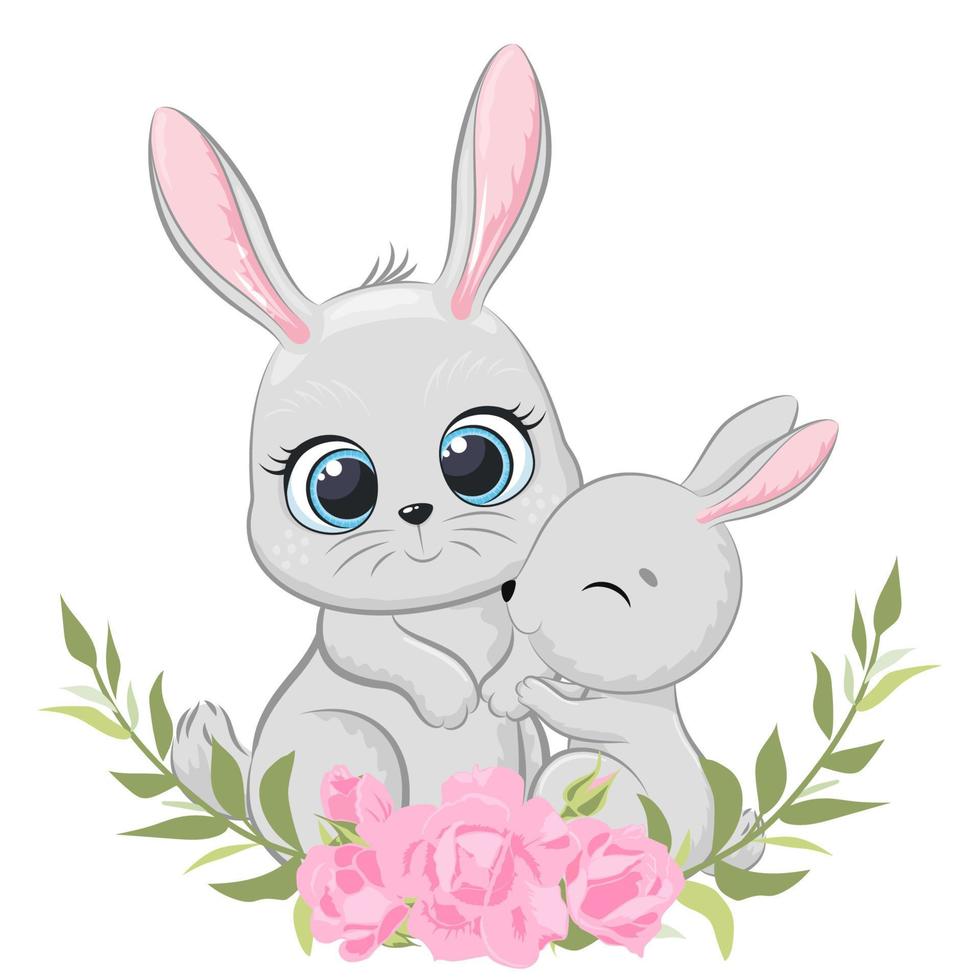 Süßes Mutterkaninchen und Baby mit Blumen und einem Kranz. Vektor-Illustration einer Karikatur. vektor