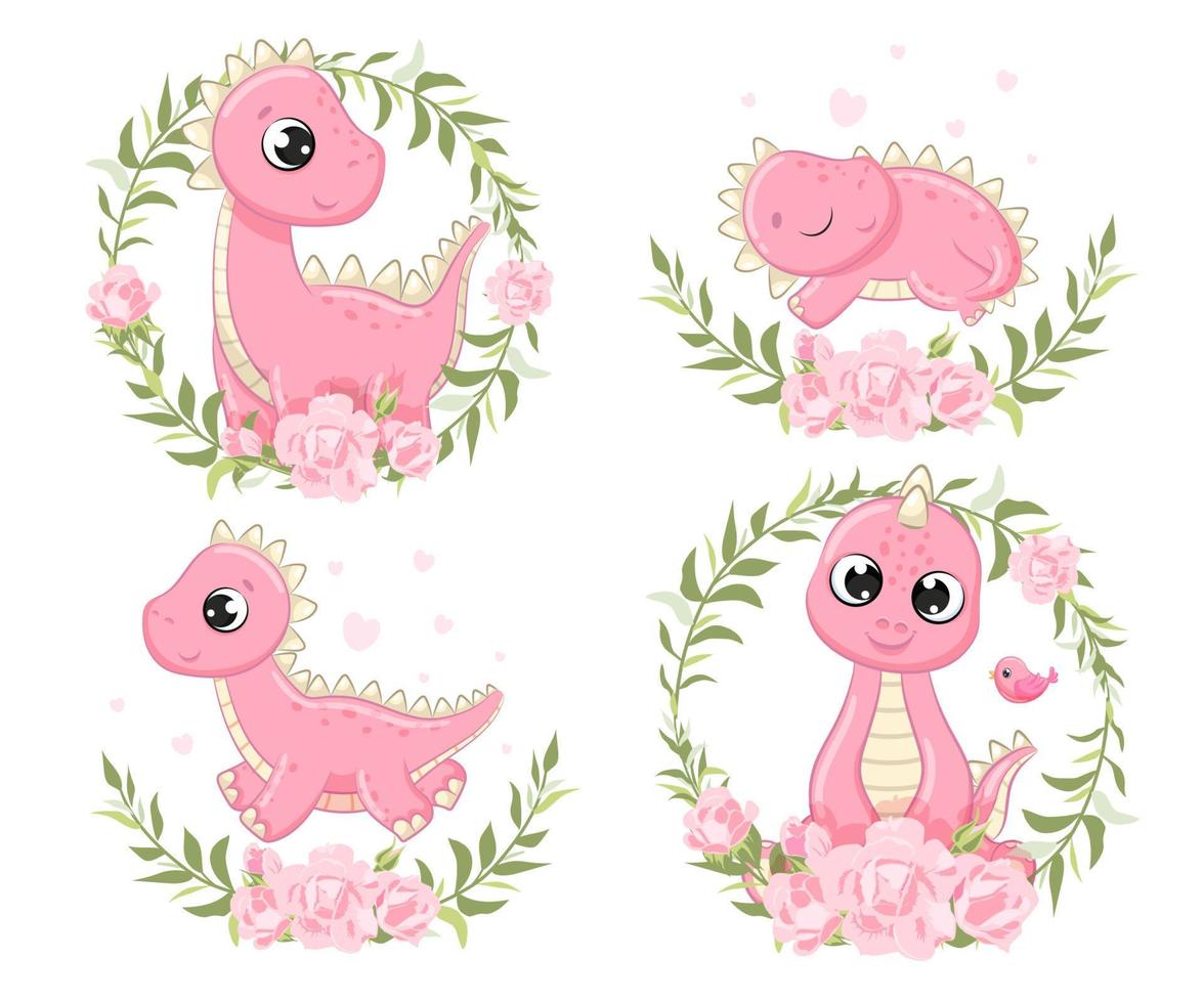 söt uppsättning baby dinosaurier illustration. vektor illustration för baby shower, gratulationskort, festinbjudan, modekläder t-shirt tryck.