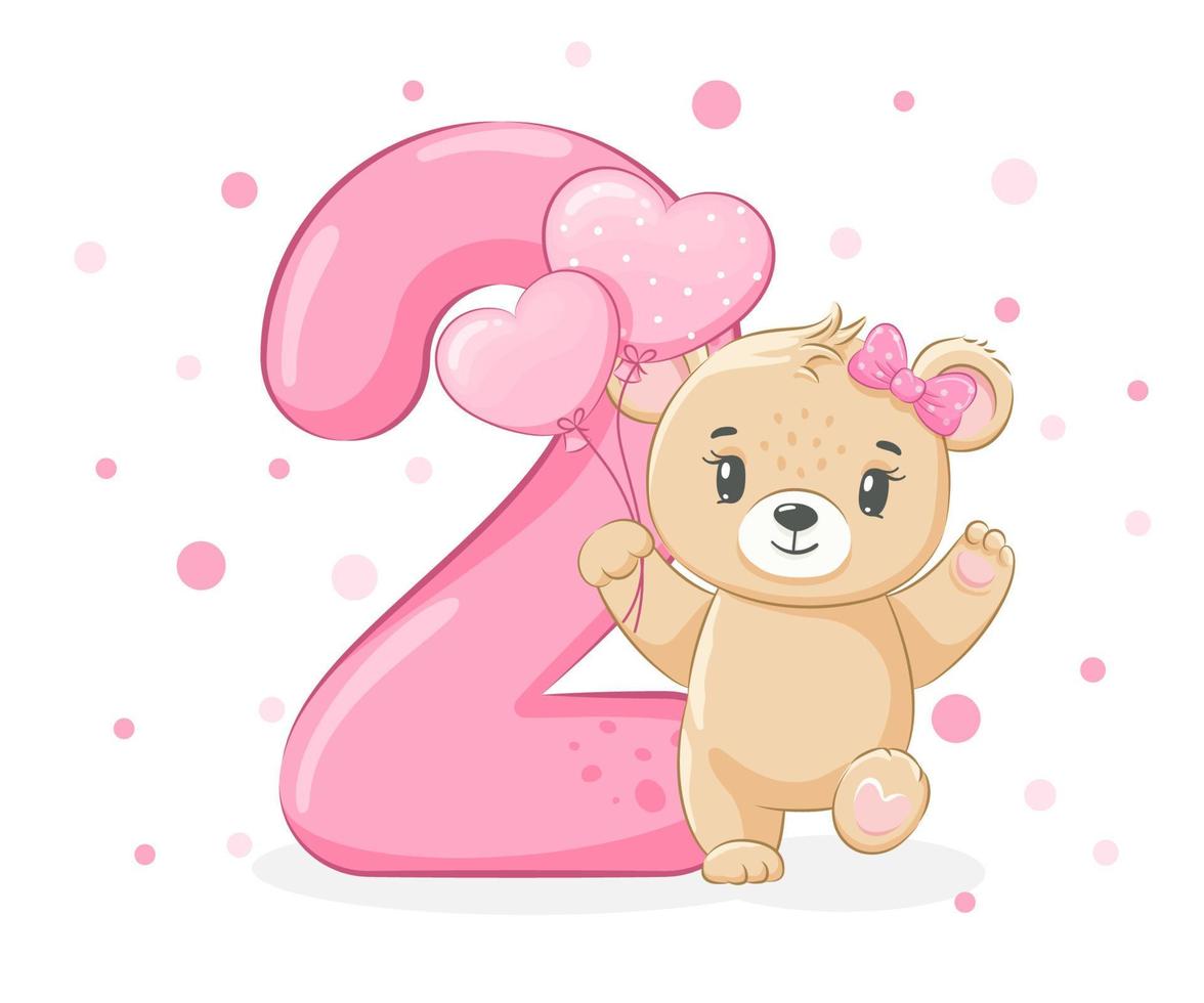 eine Illustration aus dem Cartoon - alles Gute zum Geburtstag, 2 Jahre, ein süßes kleines Bärenmädchen. Vektor-Illustration. vektor