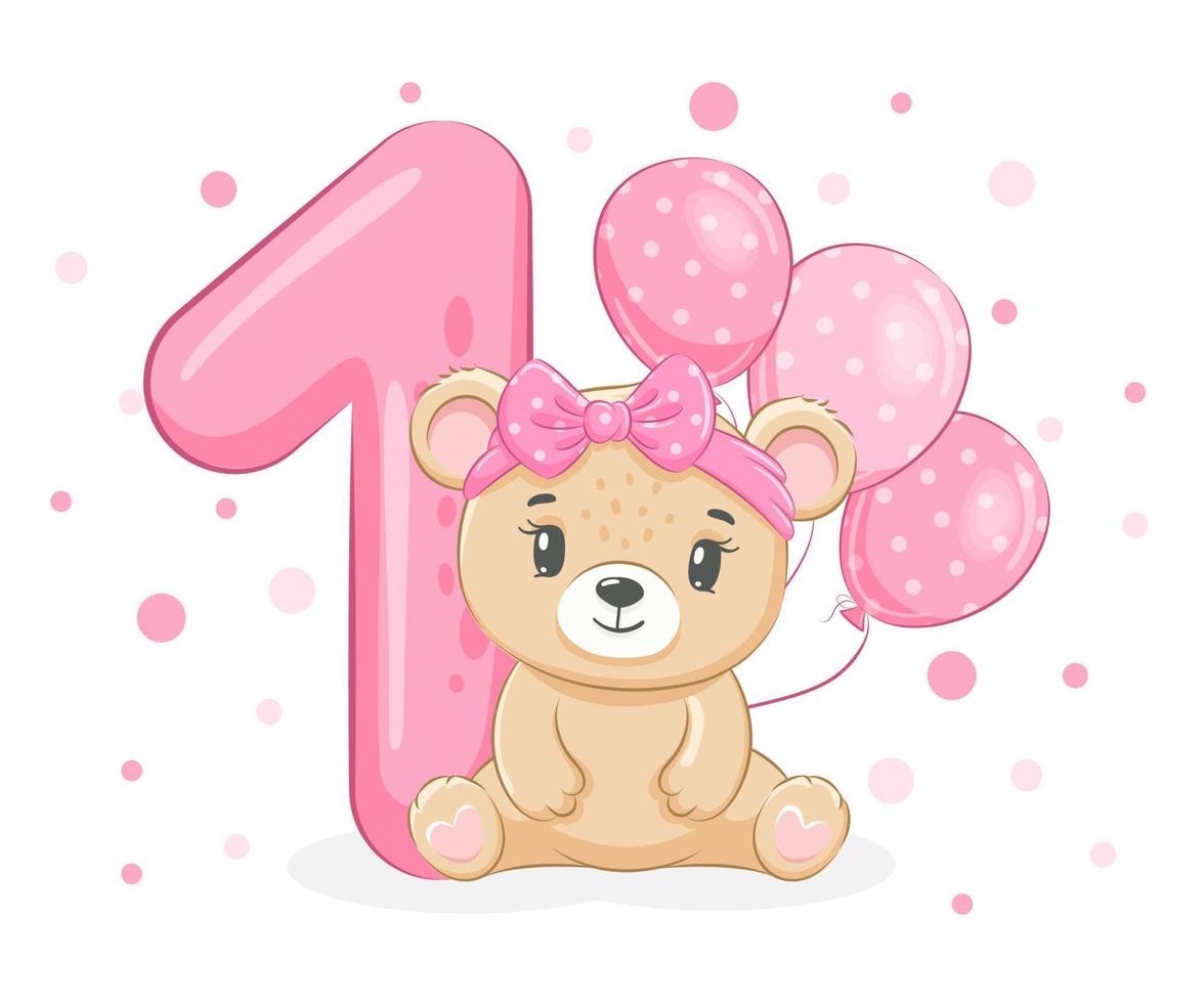 en illustration från den tecknade filmen - grattis på födelsedagen, 1 år, en söt liten björntjej. vektor illustration.