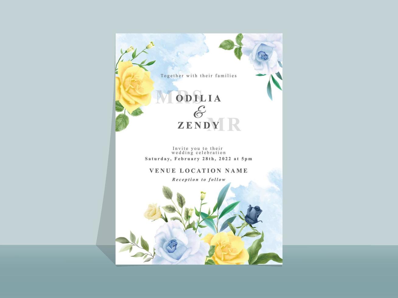 bröllopsinbjudningskort med vackra blå och gula blommor vektor