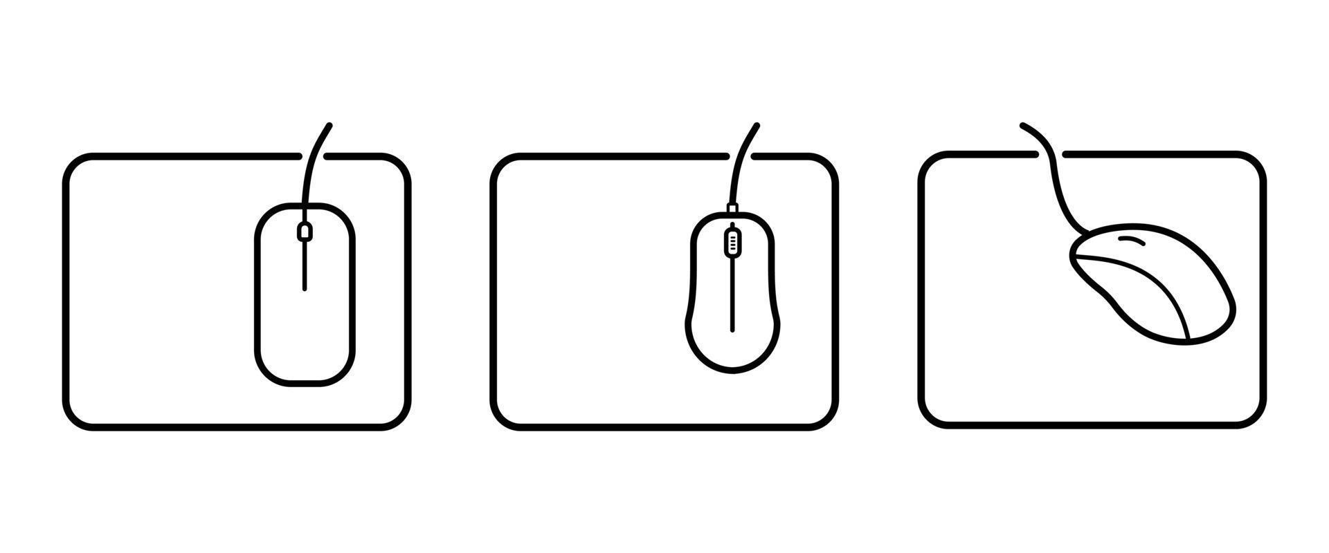 Computermaus auf einem Mauspad. Vektorlinie Symbolsatz. schwarzer Umriss isoliert auf weißem Hintergrund. vektor