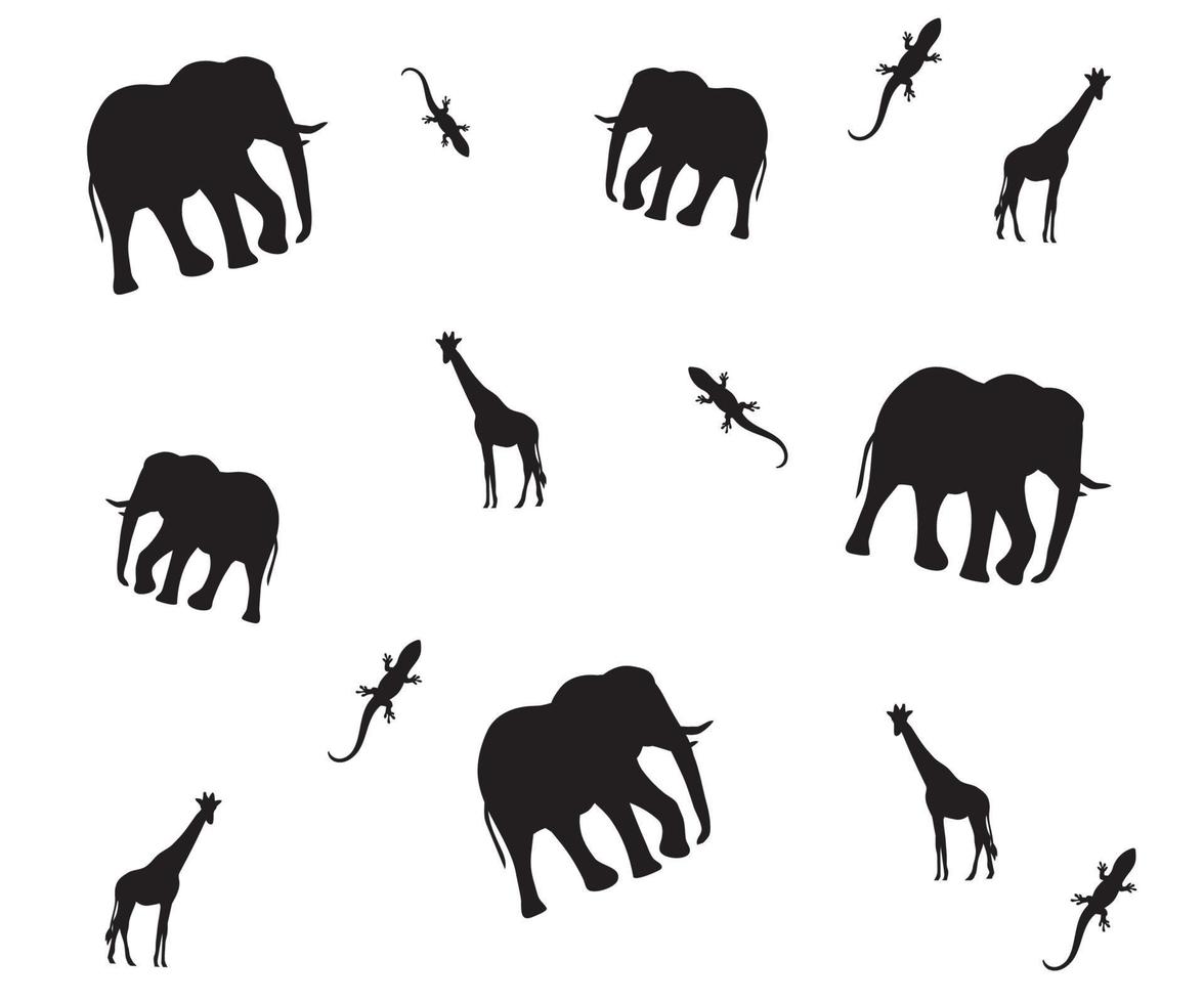 nahtloses afrikanisches Muster von Elefanten-, Giraffen- und Eidechsensilhouetten vektor