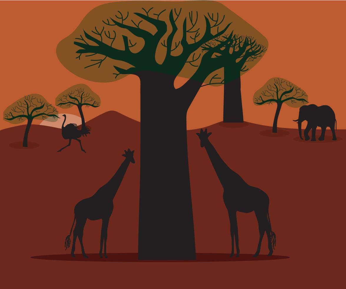 kväll på den afrikanska savannen - giraffer, elefanter och struts vektor
