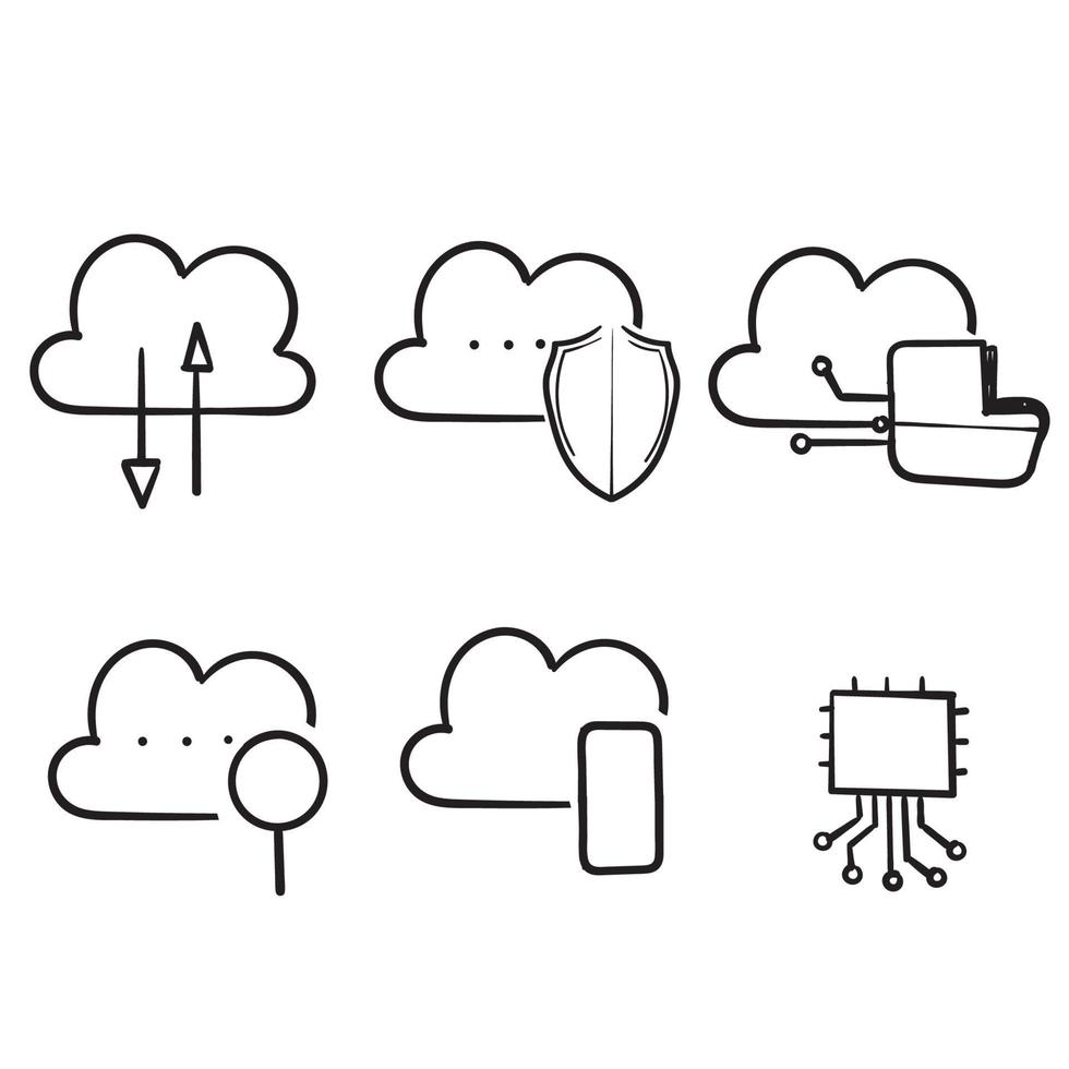 handritad doodle cloud computing. internetteknik. online tjänster. data, informationssäkerhet. förbindelse. isolerade ikon vektor