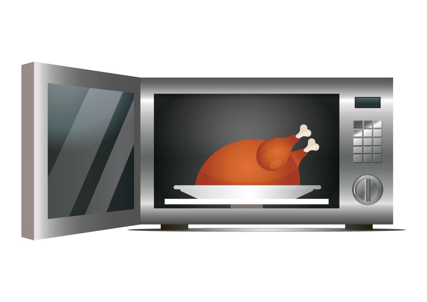 moderne Küche Mikrowelle isoliert auf weißem Hintergrund. offene Mikrowelle mit gekochtem Hühnchen vektor