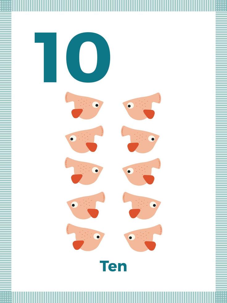 nummer flashkort tio för förskolans lärande. engelsk matematik för barn. vektor illustration