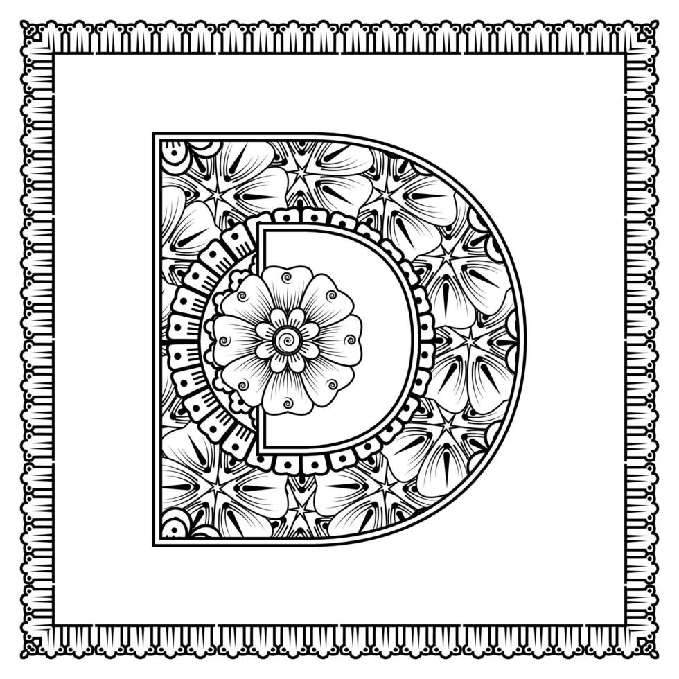 bokstaven d gjord av blommor i mehndi-stil. målarbok sida. kontur handrita vektorillustration. vektor