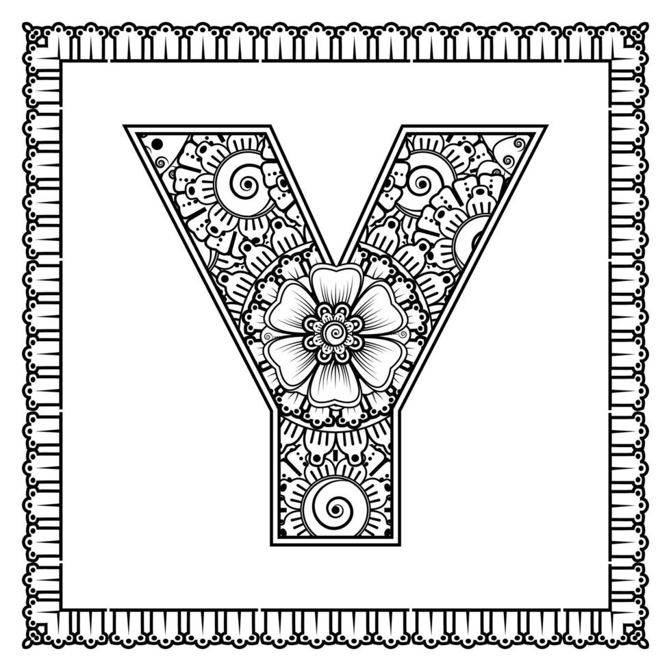 bokstaven y gjord av blommor i mehndi-stil. målarbok sida. kontur handrita vektorillustration. vektor