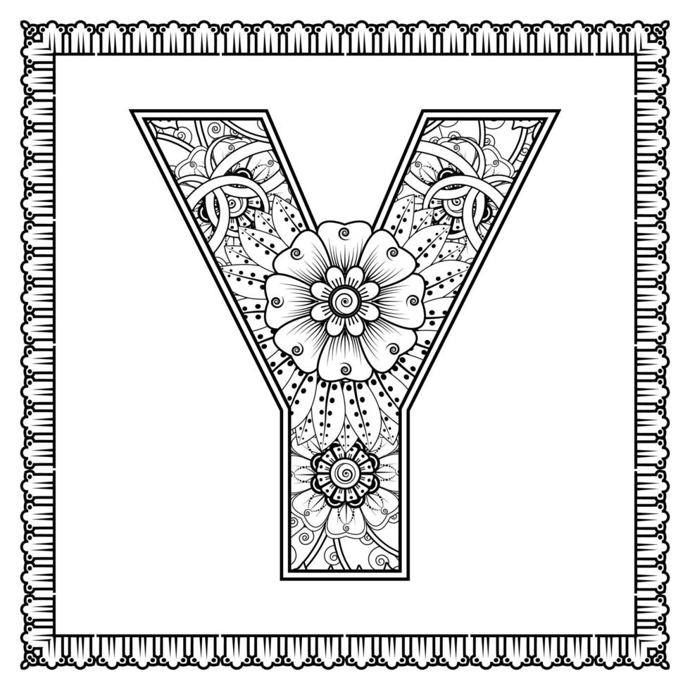 bokstaven y gjord av blommor i mehndi-stil. målarbok sida. kontur handrita vektorillustration. vektor