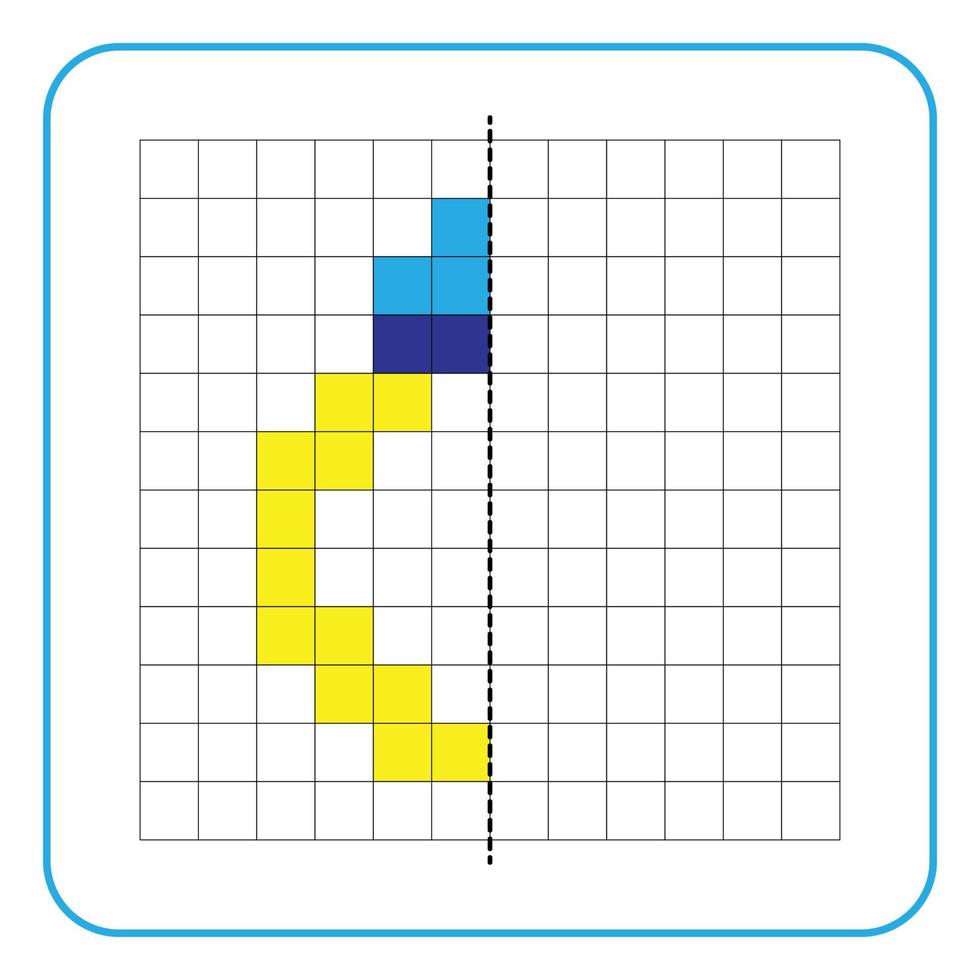 Bildreflexion Lernspiel für Kinder. lernen, Symmetrie-Arbeitsblätter für Vorschulaktivitäten auszufüllen. Ausmalen von Rasterseiten, visuelle Wahrnehmung und Pixelkunst. Beenden Sie die Diamantringform. vektor