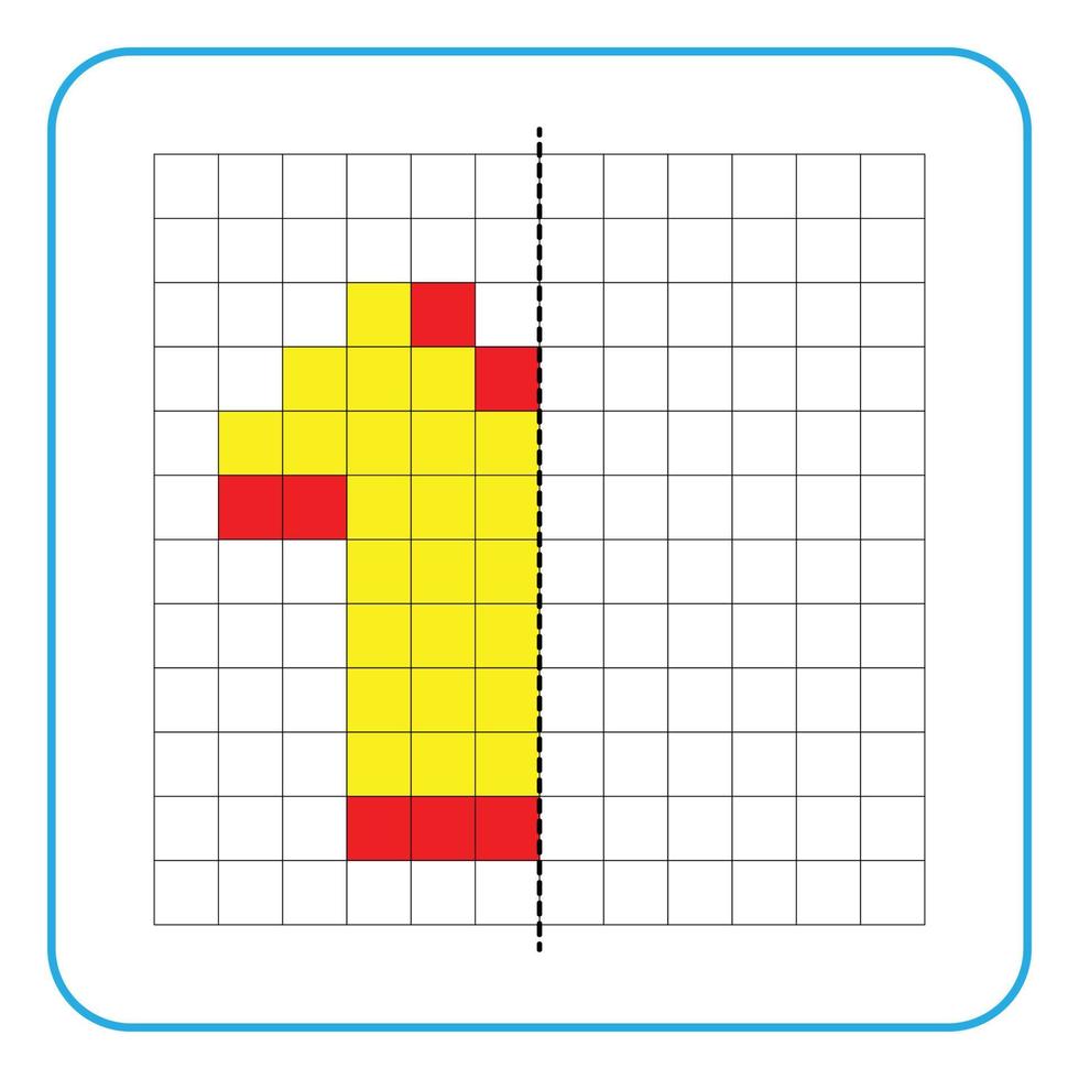 Bildreflexion Lernspiel für Kinder. lernen, Symmetrie-Arbeitsblätter für Vorschulaktivitäten auszufüllen. Ausmalen von Rasterseiten, visuelle Wahrnehmung und Pixelkunst. vervollständigen Sie die gelbe T-Shirt-Zeichnung. vektor