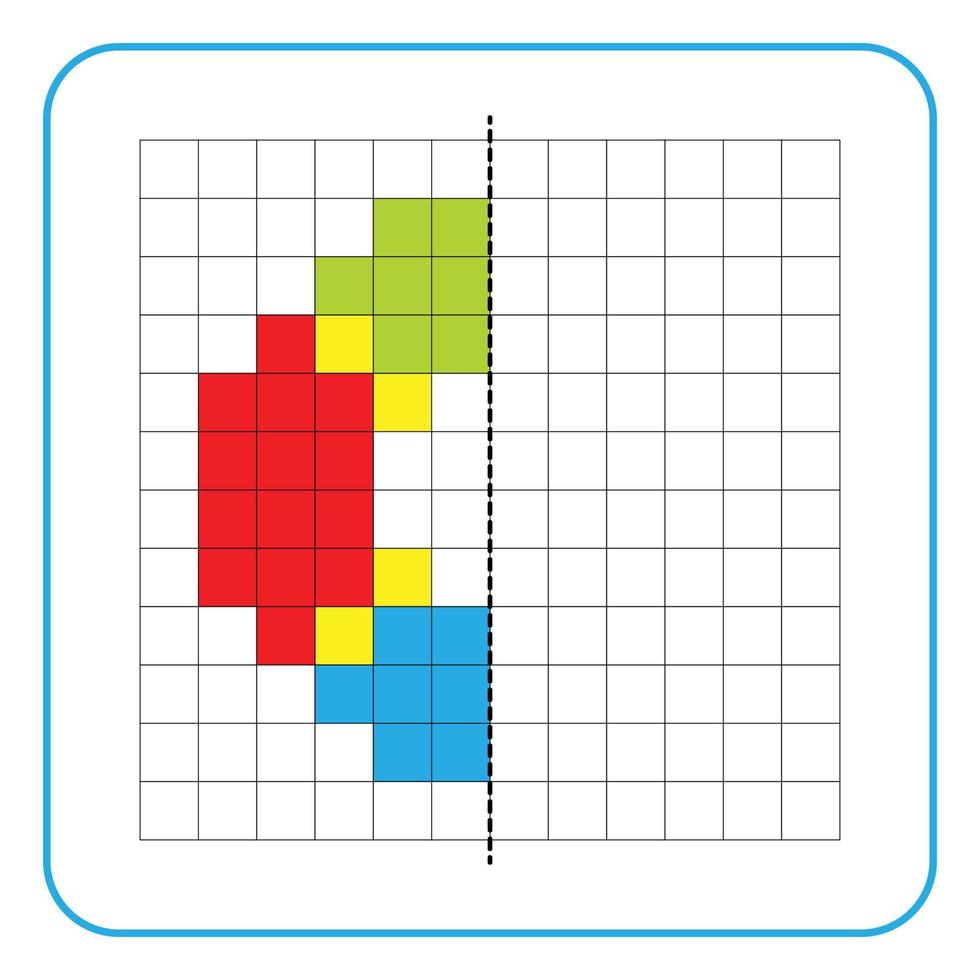 bild reflektion pedagogiskt spel för barn. lära dig att fylla i symmetriarbetsblad för förskoleverksamhet. målarbilder, visuell perception och pixelkonst. slutföra ungens simboj. vektor