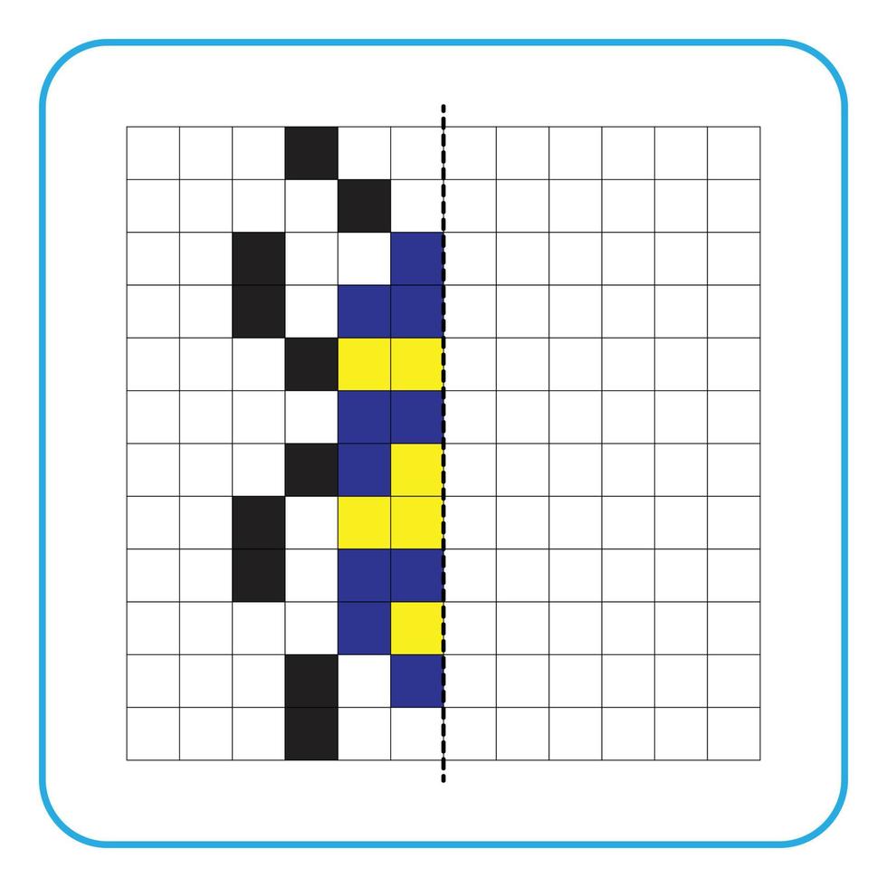 bild reflektion pedagogiskt spel för barn. lära dig att fylla i symmetriarbetsblad för förskoleverksamhet. målarbilder, visuell perception och pixelkonst. slutföra den blå insektsbilden. vektor